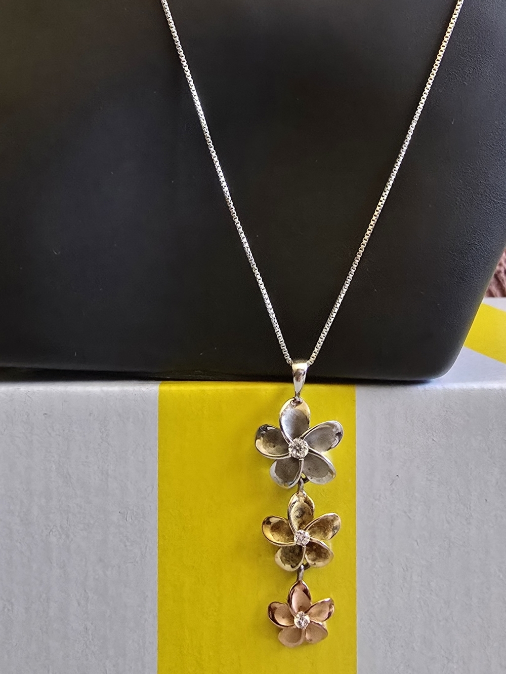 Floral Trio Pendant Necklace in Silver, Gold & Rose Gold - Sterling Silver #0929